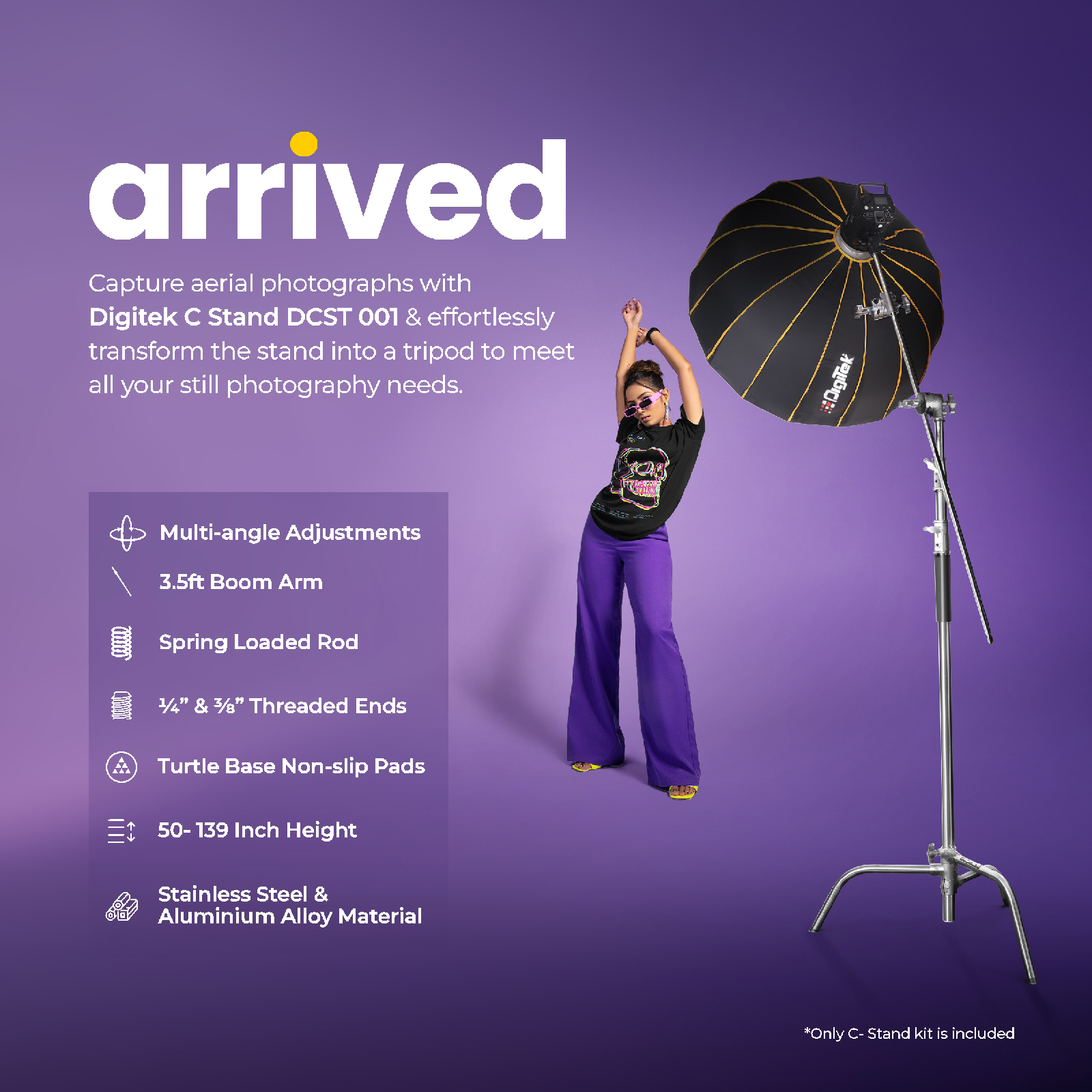 Digitek Heavy Duty Light Stand C-Stand - Max. 10 Feet/3 Meters Adjustable with 3.5 Feet Holding Arm and Grip Head for Studio Video Reflector, Monolight and Other Photographic Equipment (Black) - Digitek