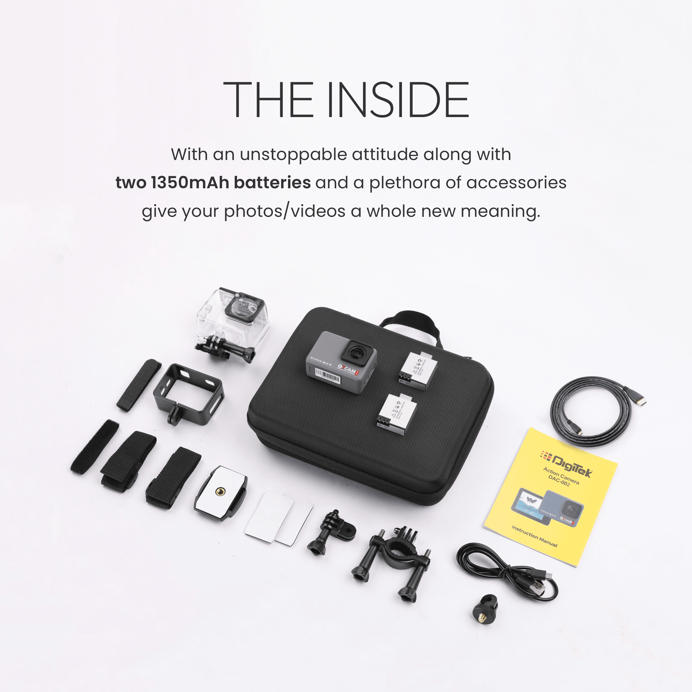 Digitek GoCAM (DAC-002) 5K 60fps 24MP WiFi Ultra HD Sports Action Camera with 2" HD Screen & External MIC Support 100 feet Waterproof (with Waterproof case) 2 x 1350mAh Battery - Digitek